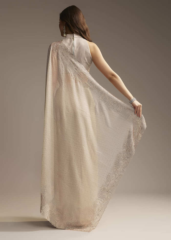 Beige Chiffon Saree with Resham Floral Cutwork