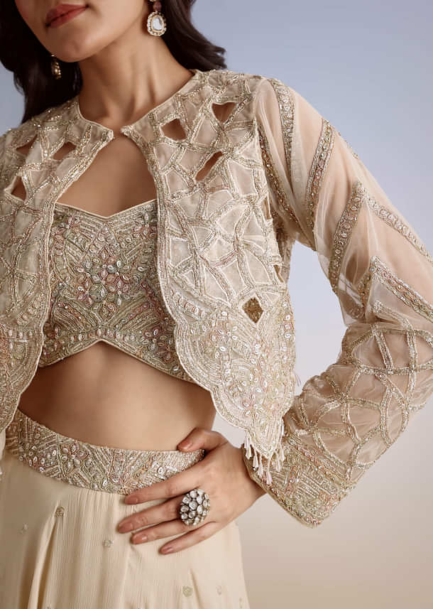 Beige Chinon Lehenga Jacket Set With Beads And Cutdana Work