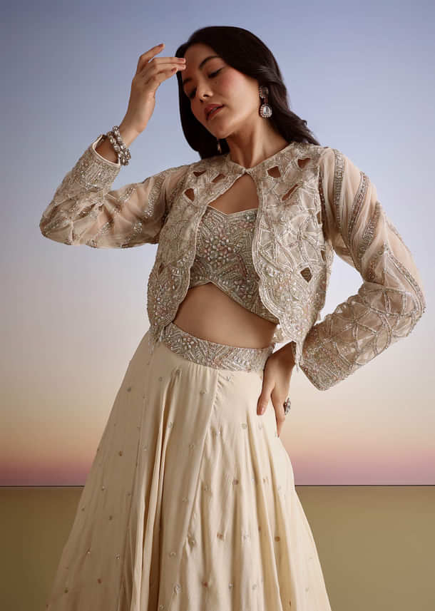 Beige Chinon Lehenga Jacket Set With Beads And Cutdana Work