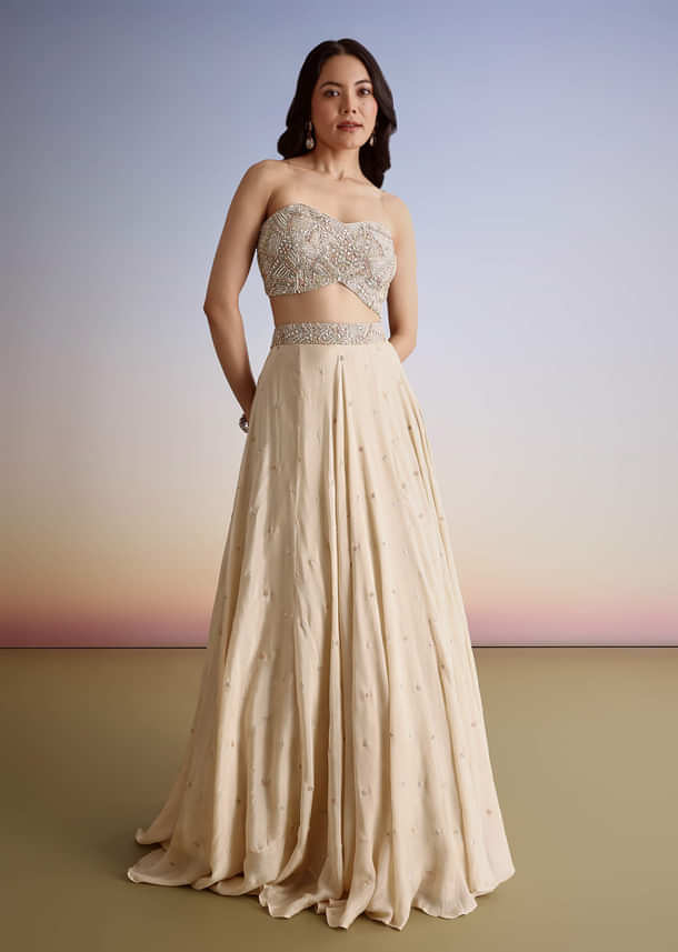 Beige Chinon Lehenga Jacket Set With Beads And Cutdana Work