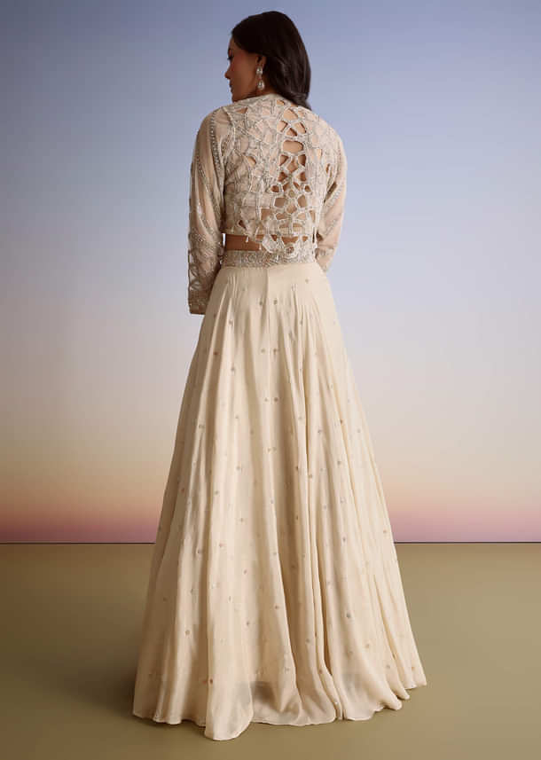 Beige Chinon Lehenga Jacket Set With Beads And Cutdana Work