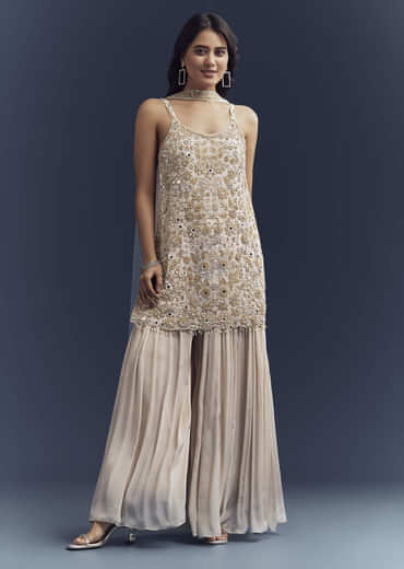 Beige Chinon Palazzo Suit With Intricate Hand Embroidery
