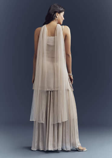 Beige Chinon Palazzo Suit With Intricate Hand Embroidery