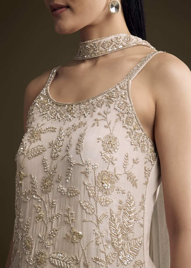 Beige Chinon Sharara Suit With Sequins And Moti Work Beige Chinon Sharara Suit With Sequins And Moti Work