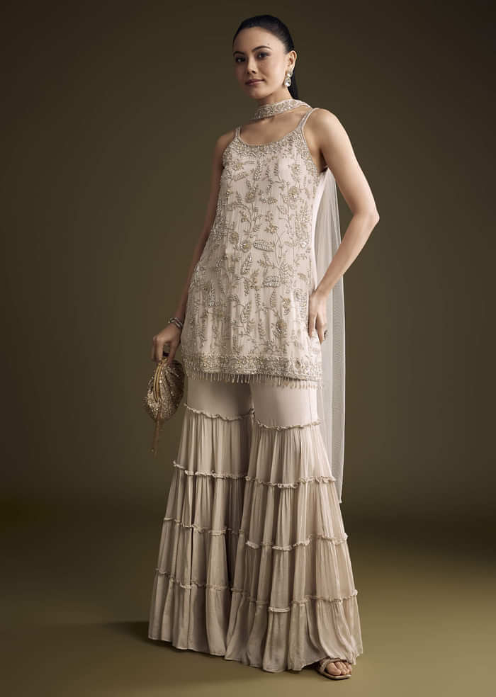 Beige Chinon Sharara Suit With Sequins And Moti Work