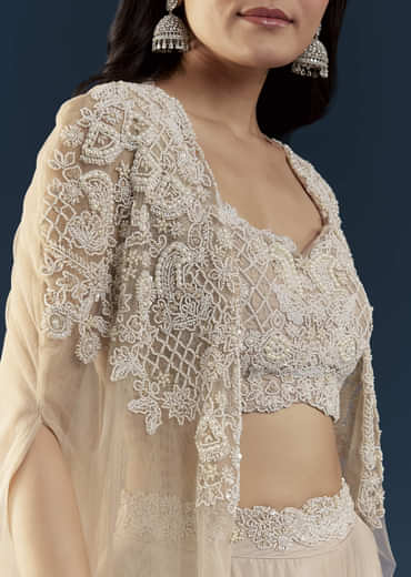 Beige Chinon Silk Crop Top Palazzo Set with Cape