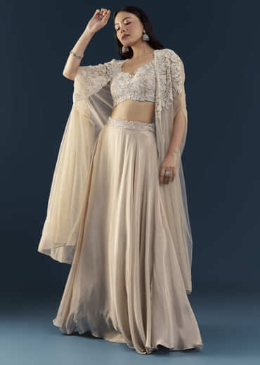 Beige Chinon Silk Crop Top Palazzo Set with Cape