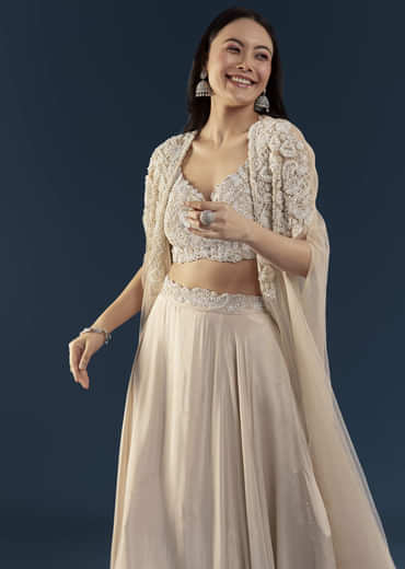 Beige Chinon Silk Crop Top Palazzo Set with Cape