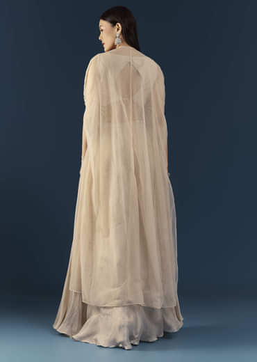 Beige Chinon Silk Crop Top Palazzo Set with Cape