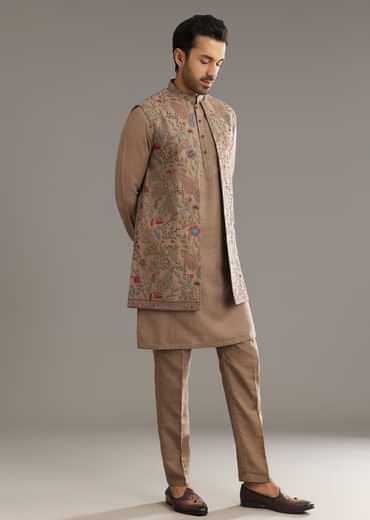 Beige Cotton Silk Kurta Jacket Set With Thread And Bead Work