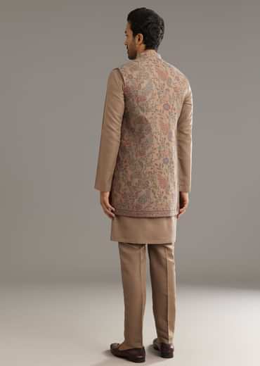 Beige Cotton Silk Kurta Jacket Set With Thread And Bead Work