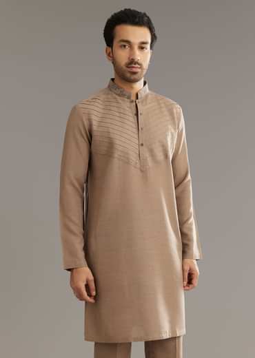 Beige Cotton Silk Kurta Jacket Set With Thread And Bead Work