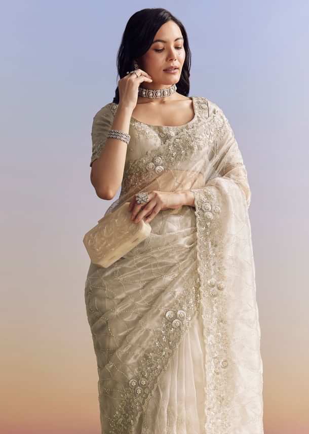 Beige Cream Tissue Saree With Floral Jaal