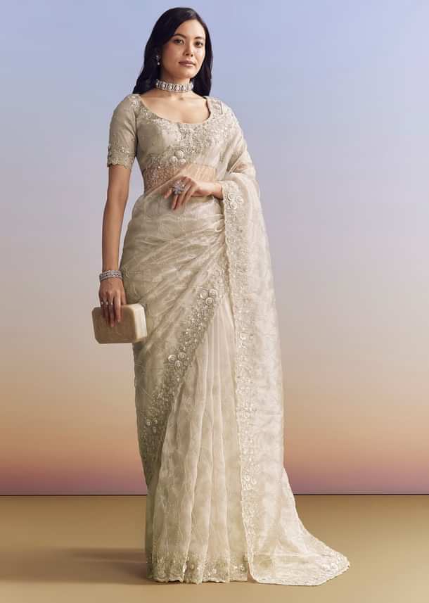 Beige Cream Tissue Saree With Floral Jaal