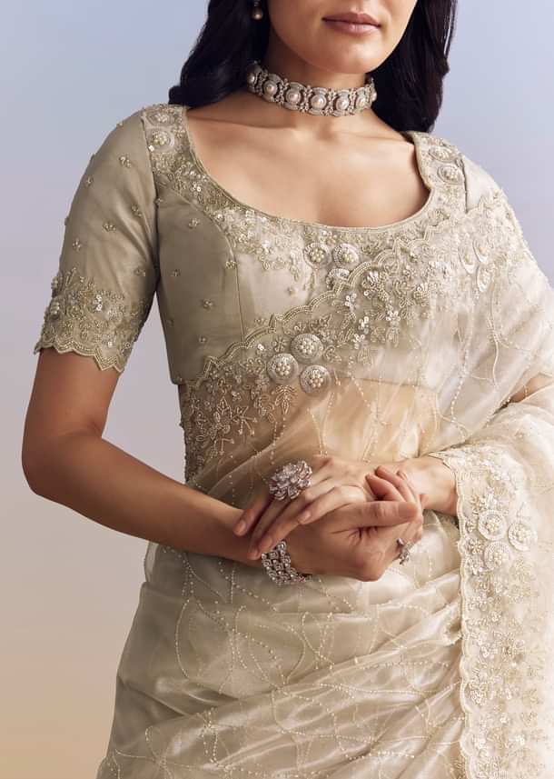 Beige Cream Tissue Saree With Floral Jaal