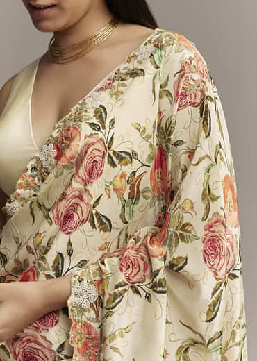Beige Crepe Saree With Multicolor Floral Print And Moti Embroidery