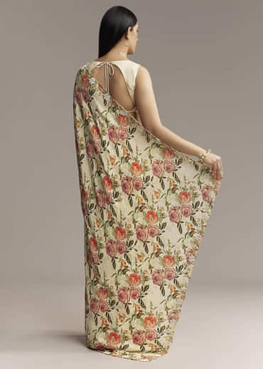 Beige Crepe Saree With Multicolor Floral Print And Moti Embroidery