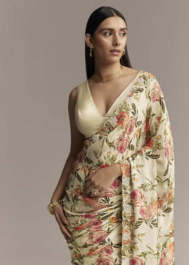 Beige Crepe Saree With Multicolor Floral Print And Moti Embroidery