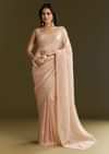 Beige Crepe Tissue Saree With Moti Beads And Cutdana Embroidery
