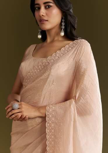 Beige Crepe Tissue Saree With Moti Beads And Cutdana Embroidery