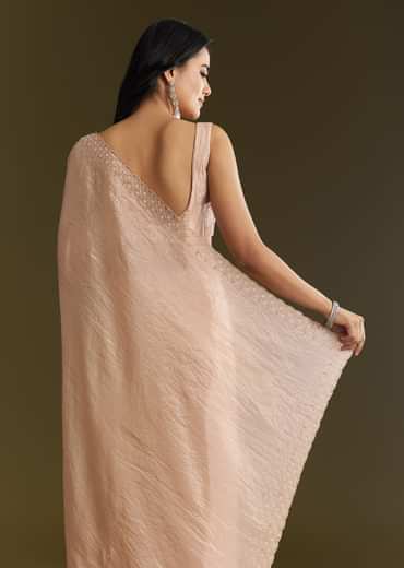 Beige Crepe Tissue Saree With Moti Beads And Cutdana Embroidery
