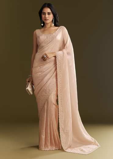 Beige Crepe Tissue Saree With Moti Beads And Cutdana Embroidery