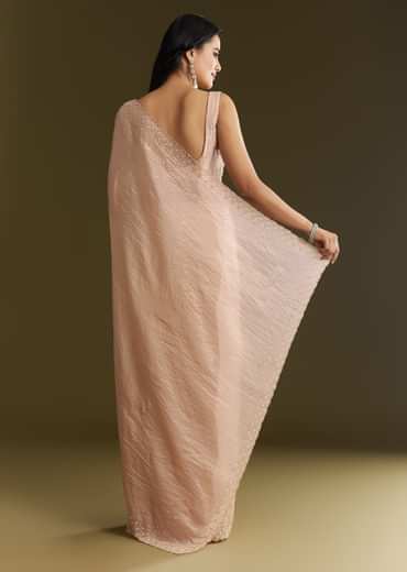 Beige Crepe Tissue Saree With Moti Beads And Cutdana Embroidery