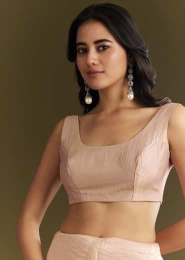 Beige Crepe Tissue Saree With Moti Beads And Cutdana Embroidery