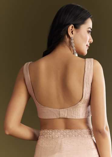 Beige Crepe Tissue Saree With Moti Beads And Cutdana Embroidery