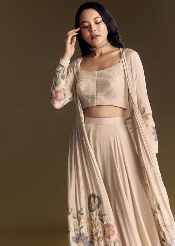 Beige Crop Top Set With Thread And Sequin Jacket