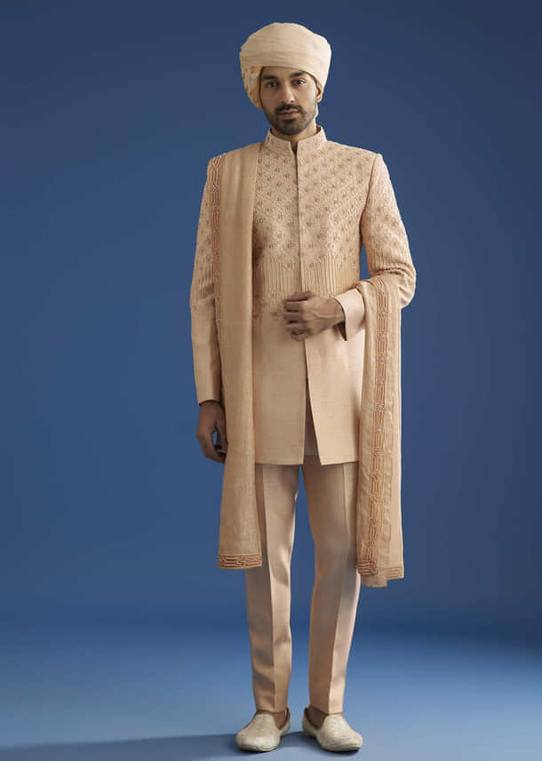 Beige Crush Tissue Sherwani Set With Hand Embroidery