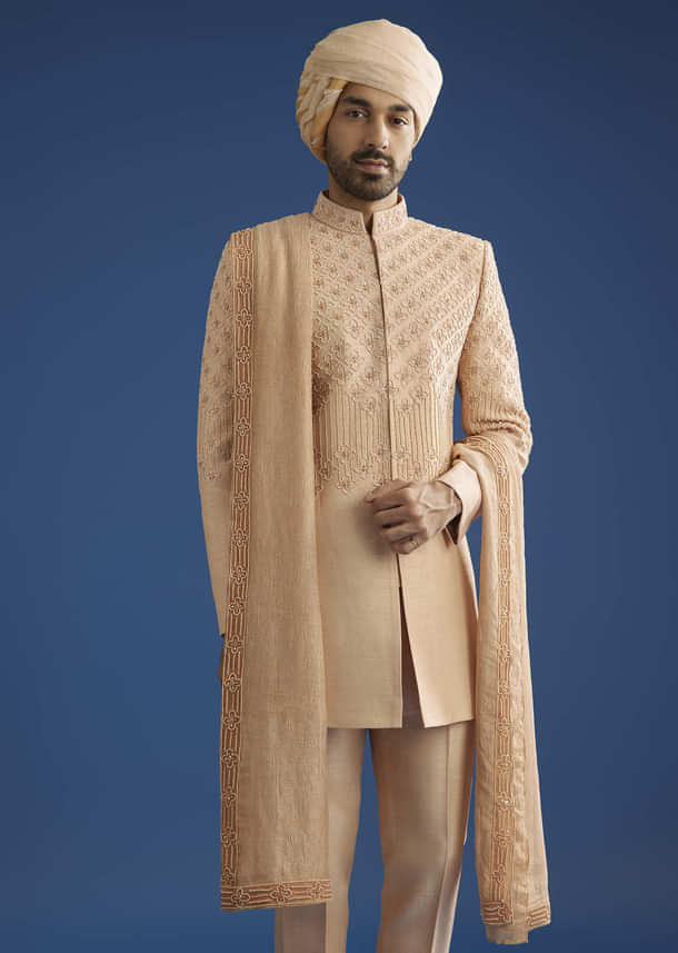 Beige Crush Tissue Sherwani Set With Hand Embroidery