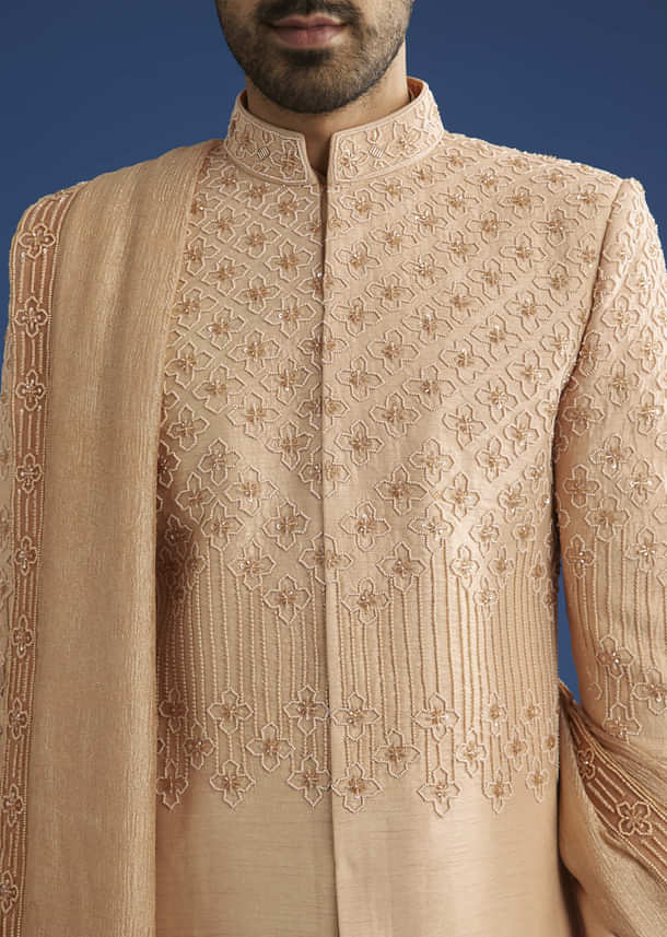 Beige Crush Tissue Sherwani Set With Hand Embroidery