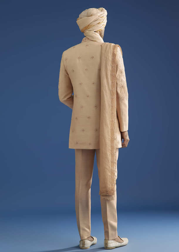 Beige Crush Tissue Sherwani Set With Hand Embroidery