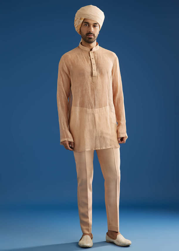 Beige Crush Tissue Sherwani Set With Hand Embroidery