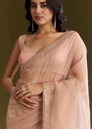 Beige Crushed Tissue Saree With Stone Embellishment And Glossy Finish