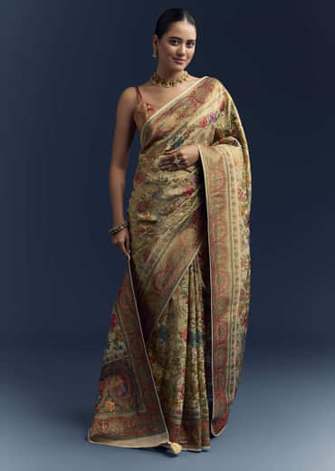 Beige Dola Silk Woven Saree With Nature Motif Embroidery Beige Dola Silk Woven Saree With Nature Motif Embroidery