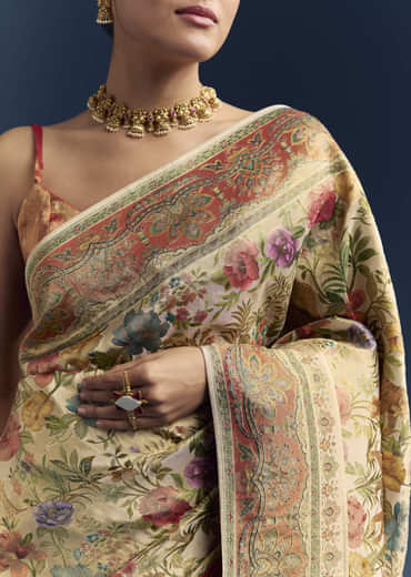 Beige Dola Silk Woven Saree With Nature Motif Embroidery Beige Dola Silk Woven Saree With Nature Motif Embroidery