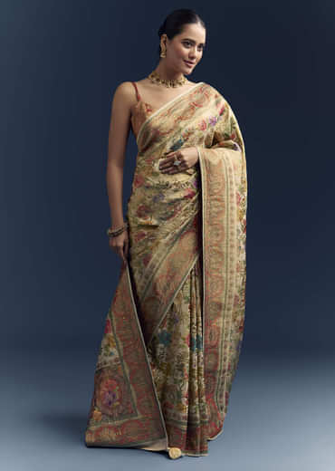 Beige Dola Silk Woven Saree With Nature Motif Embroidery Beige Dola Silk Woven Saree With Nature Motif Embroidery