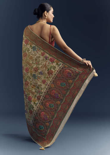 Beige Dola Silk Woven Saree With Nature Motif Embroidery Beige Dola Silk Woven Saree With Nature Motif Embroidery