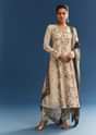 Beige Floral Printed Crepe Anarkali Set With Embroidered Neckline