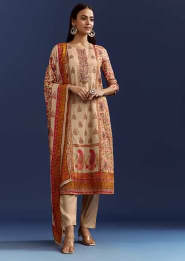 Beige Floral Printed Kurta And Dupatta With Cut Dana And Zardosi Work