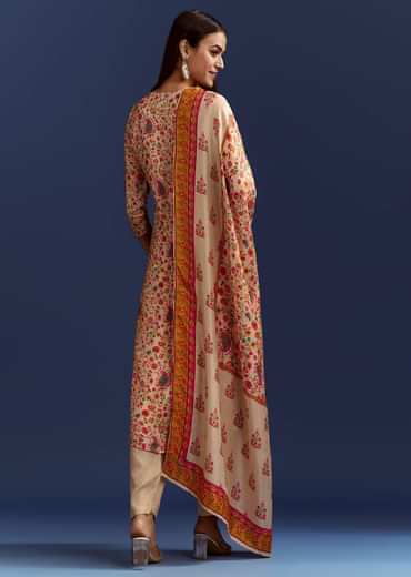 Beige Floral Printed Kurta And Dupatta With Cut Dana And Zardosi Work