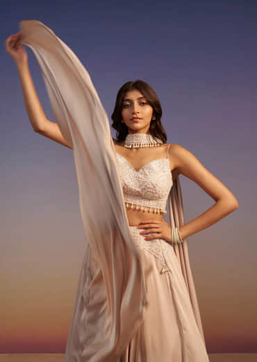Beige Frill Skirt And Embroidered Blouse Set With Choker Dupatta