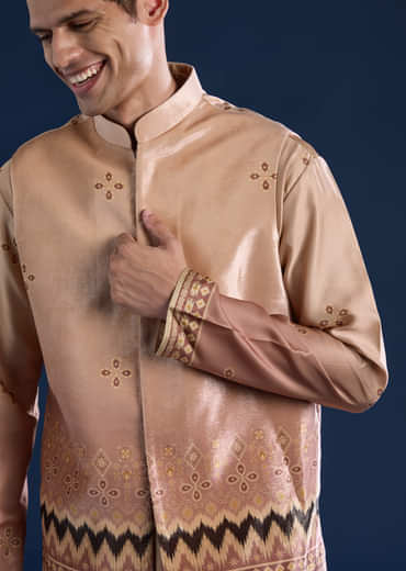 Beige Geometric Print Velvet Jacket and Ombre Kurta Set