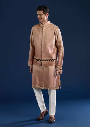 Beige Geometric Print Velvet Jacket and Ombre Kurta Set