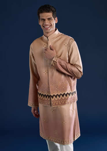 Beige Geometric Print Velvet Jacket and Ombre Kurta Set