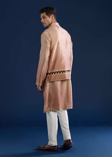 Beige Geometric Print Velvet Jacket and Ombre Kurta Set