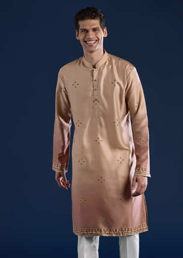 Beige Geometric Print Velvet Jacket and Ombre Kurta Set