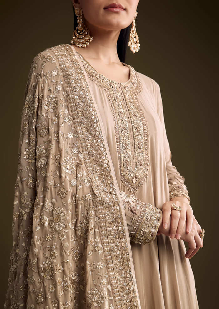 Beige Georgette Anarkali Suit With Thread And Sequins Embroidery